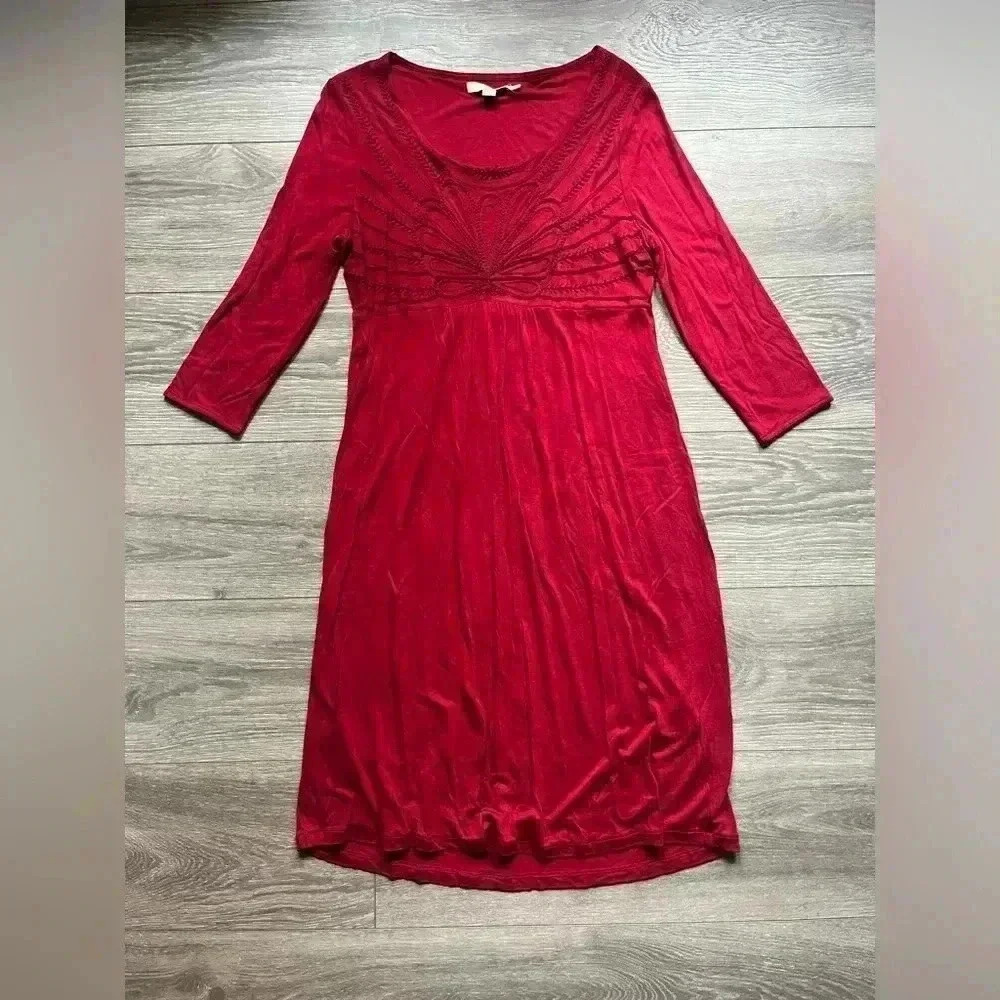 Boden Red Dresss Long Sleeves Knee Empire Waist Shell Pattern Scoop Neck Size 10